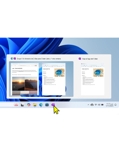 Grupo de ajuste con Edge y OneNote al pasar el puntero por la barra de tareas de Windows 11