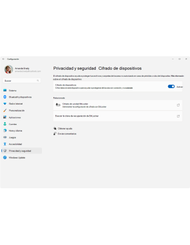 Configuración de Windows 11: Privacidad y seguridad, Cifrado de dispositivos activado