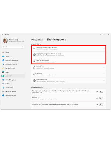 Opciones de inicio de sesión de Windows Hello: reconocimiento facial, huella y PIN