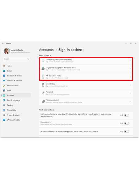Opciones de inicio de sesión de Windows Hello: reconocimiento facial, huella y PIN