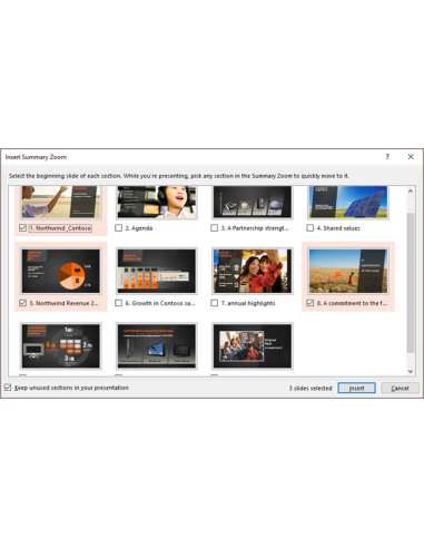 Office 2021 Professional Plus - Reinstalable: Cuadro Insertar zoom de resumen de PowerPoint para elegir las secciones a las q