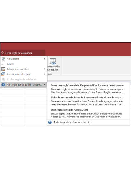 Microsoft Access 2016: Access: cuadro ¿Qué desea hacer? de la cinta mostrando comandos y ayuda para crear una regla de valida