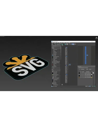 3ds Max con un logotipo SVG extruido en el visor y el Slate Material Editor con materiales de varios IDs