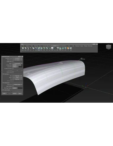 Alias con la paleta de superficies, el cuadro Surface Fillet Control y un filete con control de flujo