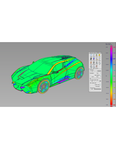 Alias con el panel Diagnostic Shade y la escala de curvatura máxima sobre un coche deportivo