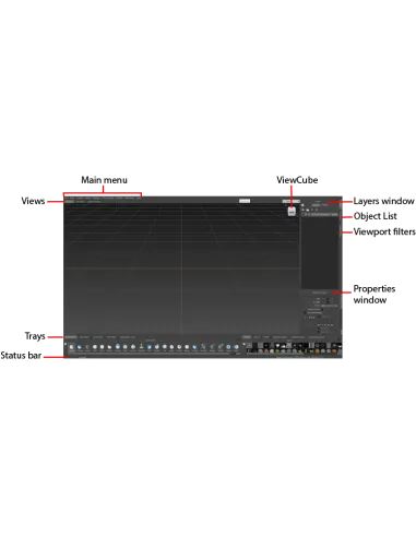 Interfaz de Mudbox rotulada: menú, vistas, ViewCube, ventana de capas, propiedades y bandejas de herramientas