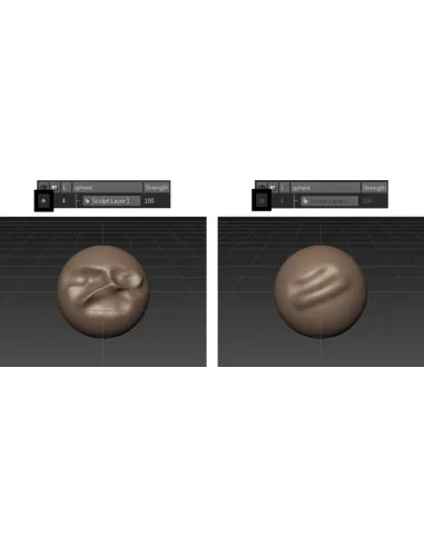 Dos estados de una esfera esculpida en Mudbox con la capa de escultura Sculpt Layer 1 activada y desactivada