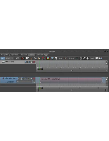 Ventana Story de MotionBuilder con una pista de personaje con un clip de caminata y su línea de tiempo