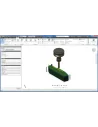 Simulación en Inventor CAM: fresa y portaherramientas sobre la pieza, con los controles de reproducción