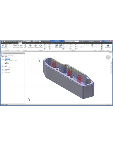 Pestaña CAM de Inventor con fresado 2D y 3D, navegador de operaciones y trayectorias sobre una pieza