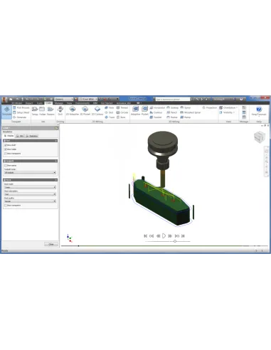 Simulación en Inventor CAM: fresa y portaherramientas sobre la pieza, con los controles de reproducción