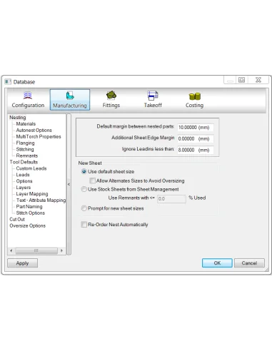 Cuadro Database de Fabrication CAMduct con opciones de anidado: márgenes, hoja nueva y remanentes