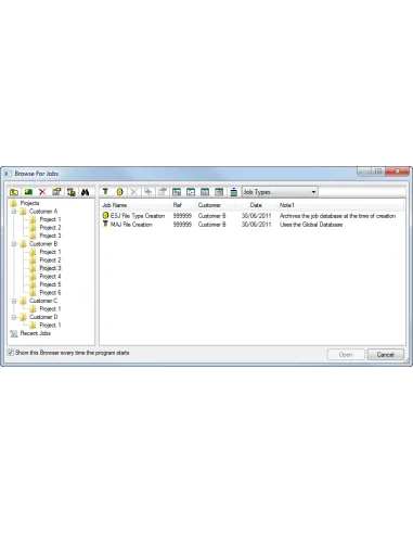 Cuadro Browse For Jobs de Autodesk Fabrication con árbol de clientes y proyectos y lista de trabajos