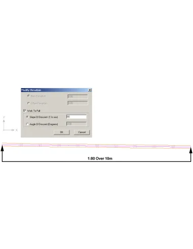 Fabrication CADmep 2023: Cuadro Modify Elevation de CADmep con pendiente de 1 en 80 aplicada a un tramo de conducto en el dib