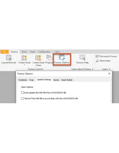 Cinta Factory de Inventor con el botón Factory Options y su cuadro con la pestaña Update Settings
