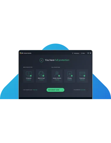 AVG Internet Security en Windows: panel «You have full protection» con sus cinco áreas de protección
