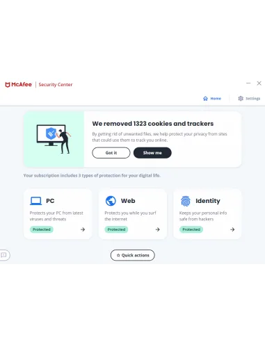 McAfee Security Center: panel con protección de PC, Web e Identidad y acciones rápidas