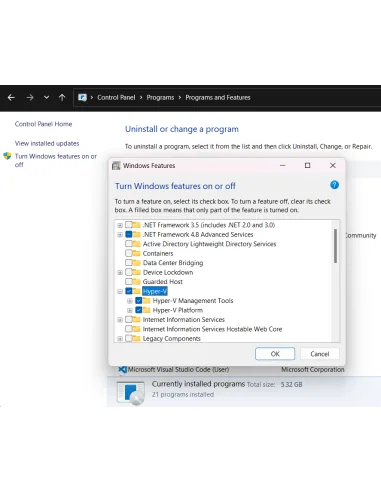 Cuadro Activar o desactivar las características de Windows con Hyper-V marcado
