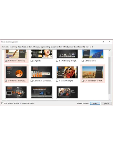 Office 2021 Professional Plus - 5 Dispositivos: Cuadro Insertar zoom de resumen de PowerPoint para elegir las secciones a las