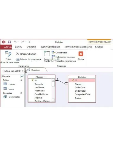 Office 2013 Professional Plus: Access 2013: ventana Relaciones con las tablas Clientes y Pedidos unidas por una relación uno 