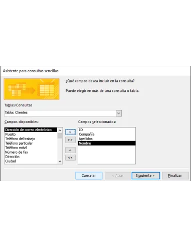 Microsoft Access 2019: Asistente para consultas sencillas de Access: elegir campos de la tabla Clientes para la consulta