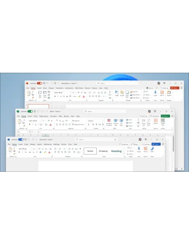 PowerPoint, Excel y Word en Windows 11 con la cinta de opciones y el tema actual de Office