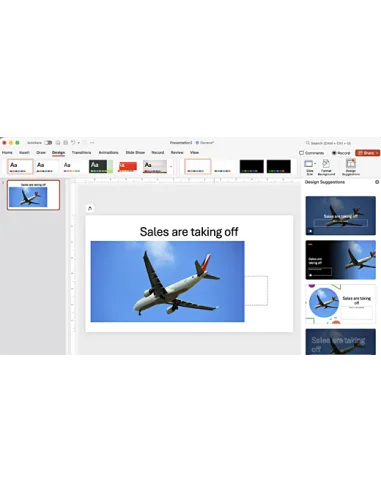 Office 365 para 5 Dispositivos Windows/MAC/Android: PowerPoint para Mac con el panel Sugerencias de diseño de Designer junto 