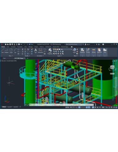 AutoCAD 2022: modelo 3D de una planta de tuberías con la cinta de opciones y el cubo de vista