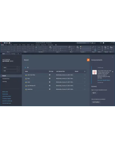 AutoCAD 2022: pestaña Inicio rediseñada con archivos recientes, Autodesk Docs y accesos de aprendizaje