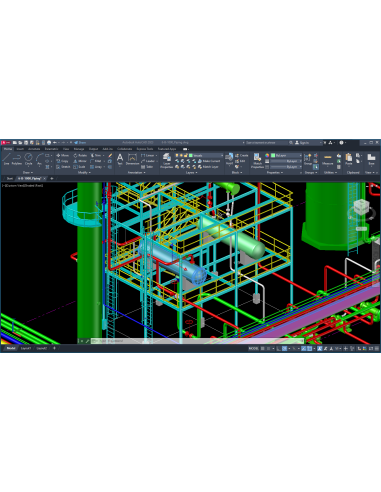 AutoCAD 2023: modelo 3D de tuberías y estructura con cinta de opciones y cubo de vista