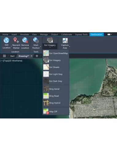 AutoCAD 2025: pestaña Geolocalización con mapas Esri y Bing en el selector de mapa base