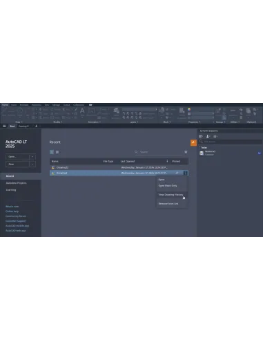 AutoCAD LT 2025: pestaña Inicio con el menú Ver historial del dibujo y la paleta Activity Insights