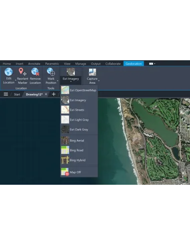 AutoCAD LT 2025: pestaña Geolocalización con el selector de mapas Esri y Bing