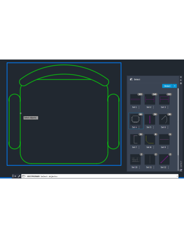 AutoCAD 2026: comando EDITPRIMARY sobre una silla detectada, con la paleta Detect de conjuntos