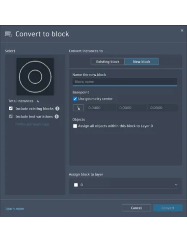 AutoCAD LT 2026: cuadro Convertir a bloque de Smart Blocks con instancias detectadas y opciones de punto base