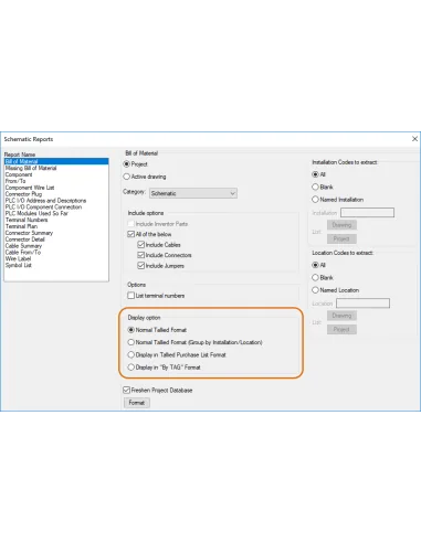 AutoCAD Electrical 2025: informe esquemático de lista de materiales con opciones de formato por TAG