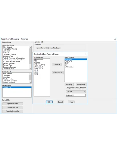 AutoCAD Electrical 2025: configuración del informe Lista de dibujos con los campos a mostrar