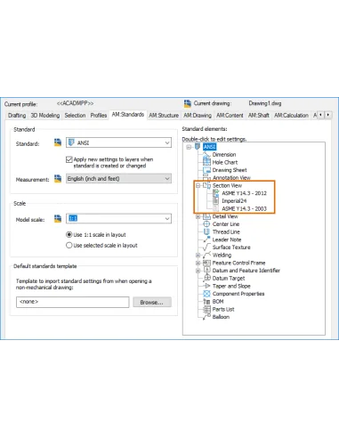AutoCAD Mechanical 2024: pestaña AM:Standards de Opciones con el árbol de normas y la vista de sección