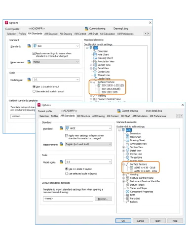 AutoCAD Mechanical 2025: pestaña AM:Standards con las revisiones de textura de superficie ISO y ASME