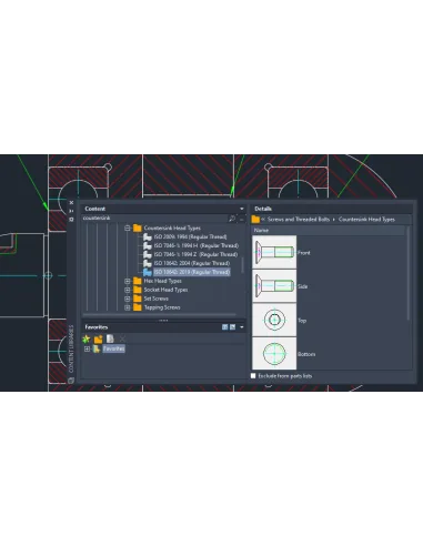 AutoCAD Mechanical 2025: paleta Content Libraries con tornillos de cabeza avellanada ISO y sus vistas