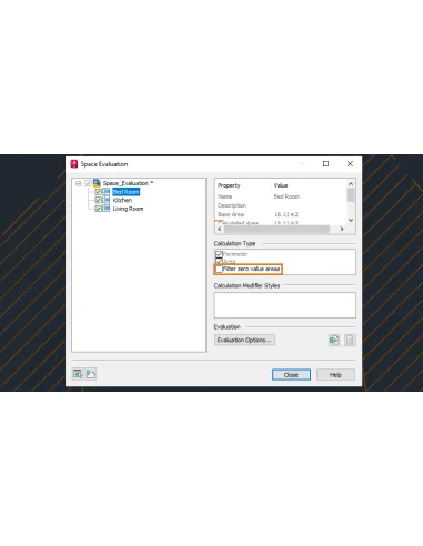 AutoCAD Architecture 2023: cuadro Evaluación de espacios con la opción Filtrar áreas de valor cero