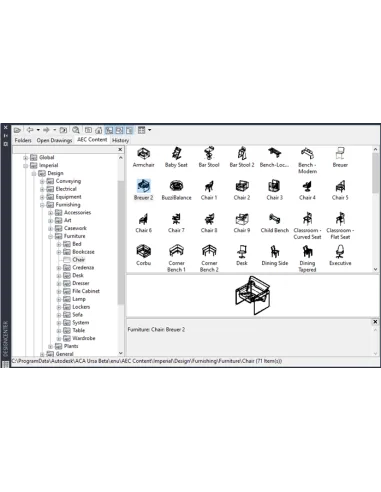 AutoCAD Architecture 2024: Design Center con el contenido AEC de mobiliario y la vista previa de una silla