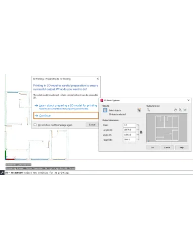 AutoCAD Architecture 2024: AEC3DPRINT con el aviso de preparación y las opciones de impresión 3D de una planta