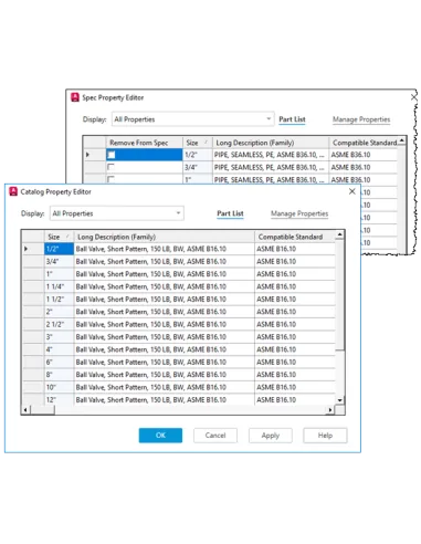 AutoCAD Plant 3D 2024: editores de propiedades de especificación y de catálogo con lista de piezas