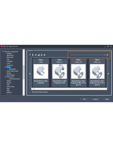 AutoCAD Plant 3D 2027: Navegador de formas con codos y búsqueda para el modelado 3D