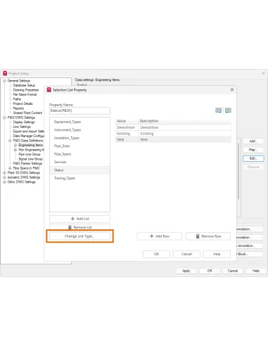 AutoCAD Plant 3D 2027: propiedad de lista de selección en Configuración de proyecto con Cambiar tipo