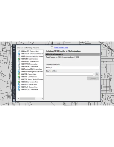AutoCAD Map 3D 2023: panel Data Connect con el proveedor FDO para geodatabase de archivos (FGDB)