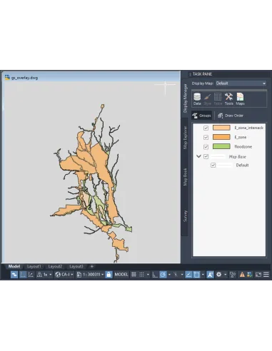 AutoCAD Map 3D: Administrador de visualización con grupos de capas de zonas sobre un mapa