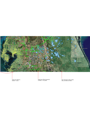 AutoCAD Map 3D: capa de carreteras filtrada por ubicación y por propiedad sobre una imagen satelital