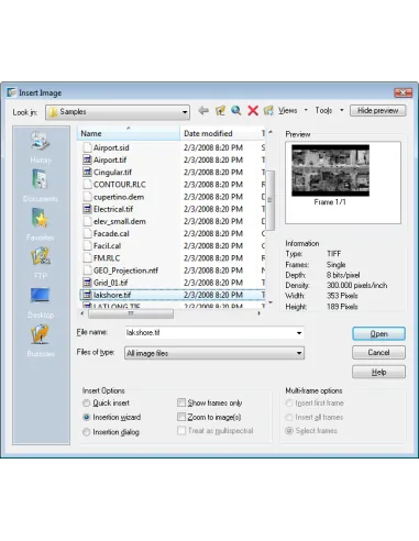 AutoCAD Raster Design 2022: cuadro Insertar imagen con vista previa de un TIFF y opciones del asistente